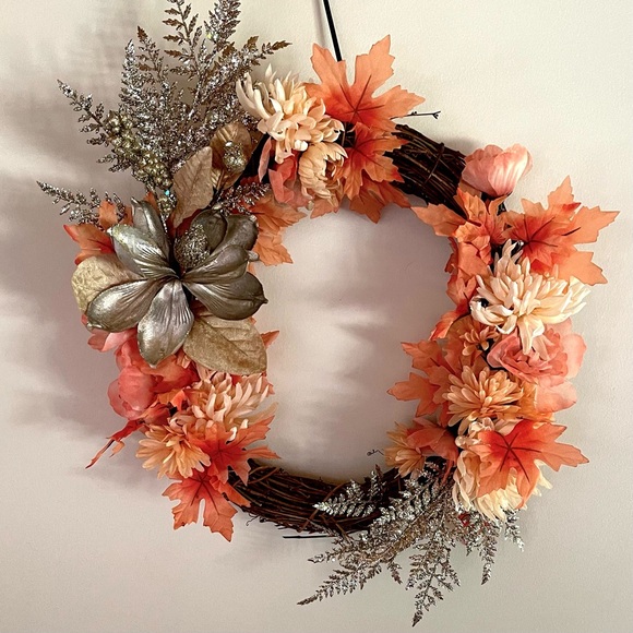 Peach, orange, cream, silver fall wreath - Picture 4 of 8